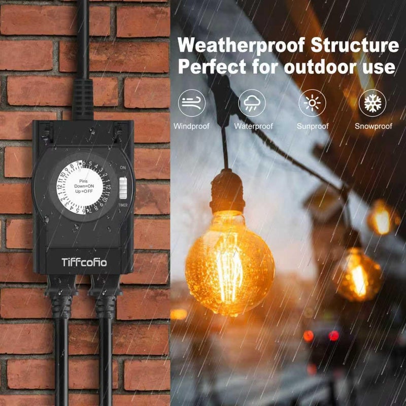 Tiffcofio Outdoor Timer Outlet Waterproof, 24 Hour Mechanical Light Timer Outdoor, 2 Grounded Outlets for Home and Garden, 15A 1/2HP, Heavy Duty, ETL Listed (2 Pack) - Image 5